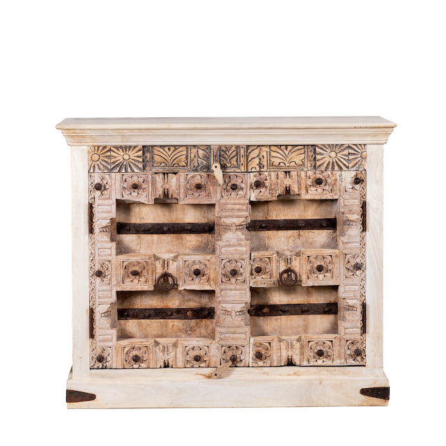 White background image of a whitewashed reclaimed teak sideboard in Ibiza style, featuring sandblasted old wood surfaces and rustic design; 112 × 90 × 50 cm.
