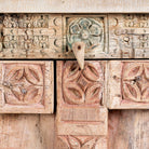 Close up image of a sandblasted reclaimed teak sideboard in Ibiza style, featuring sandblasted old wood surfaces and rustic design; 112 × 90 × 50 cm.