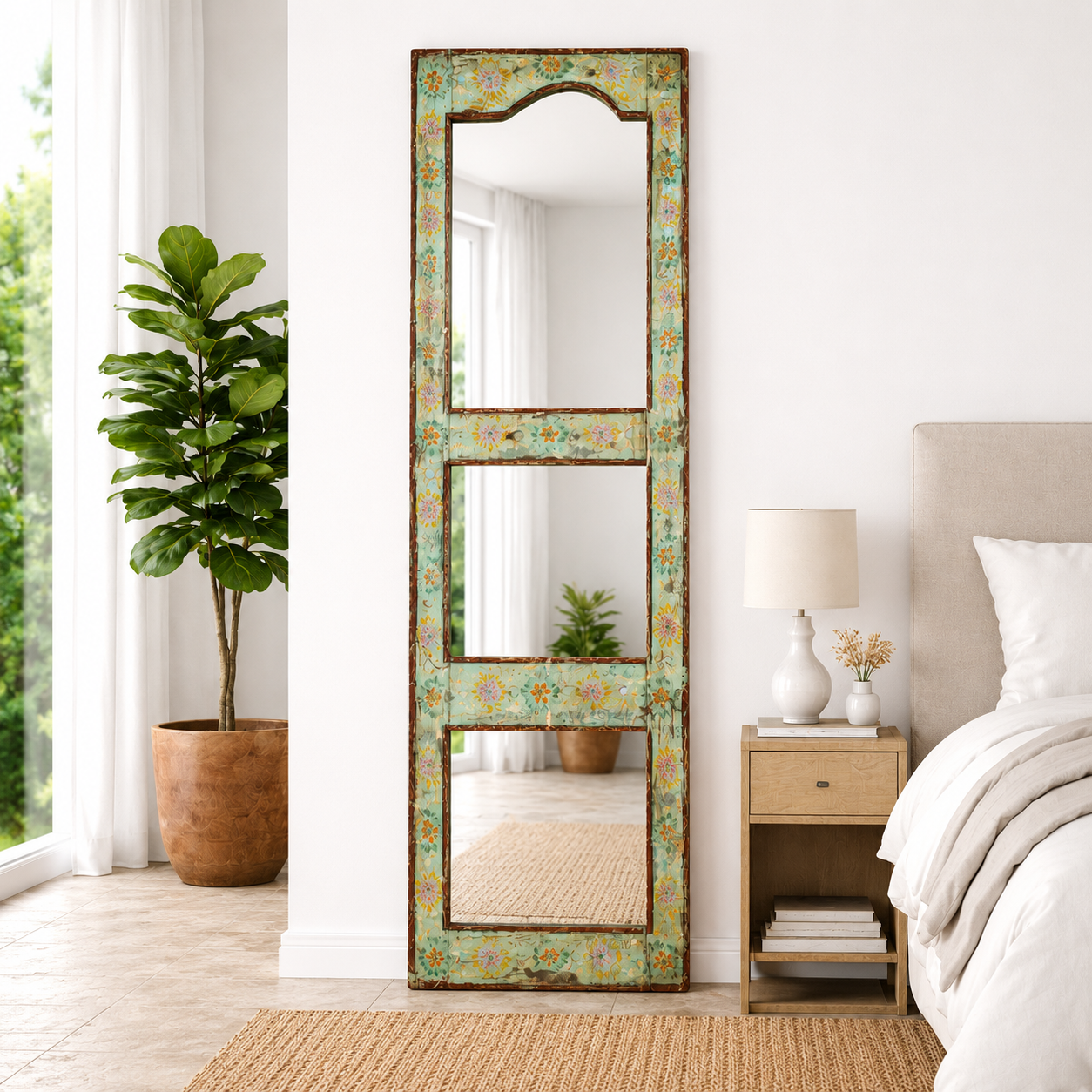 Lifestyle image of a painted wooden mirror Keshod made from recycled teak wood with hand-painted detailing. A sustainable furniture piece perfect for boho chic living room decor.