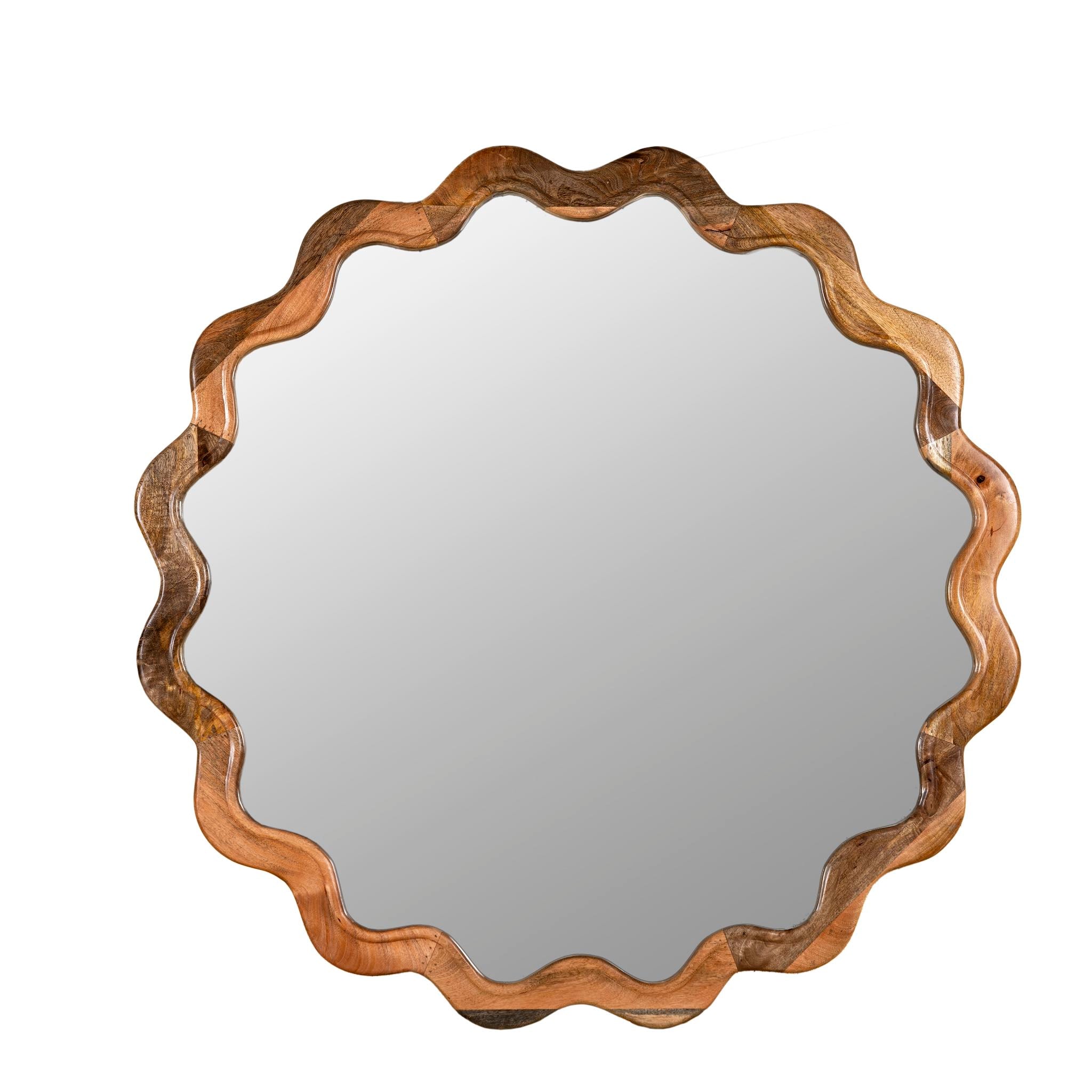 White background image of a wavy round mango wood mirror Khavda with scalloped frame design. A bold wall decoration and artisan-crafted statement piece for bohemian, rustic, or modern interiors.
