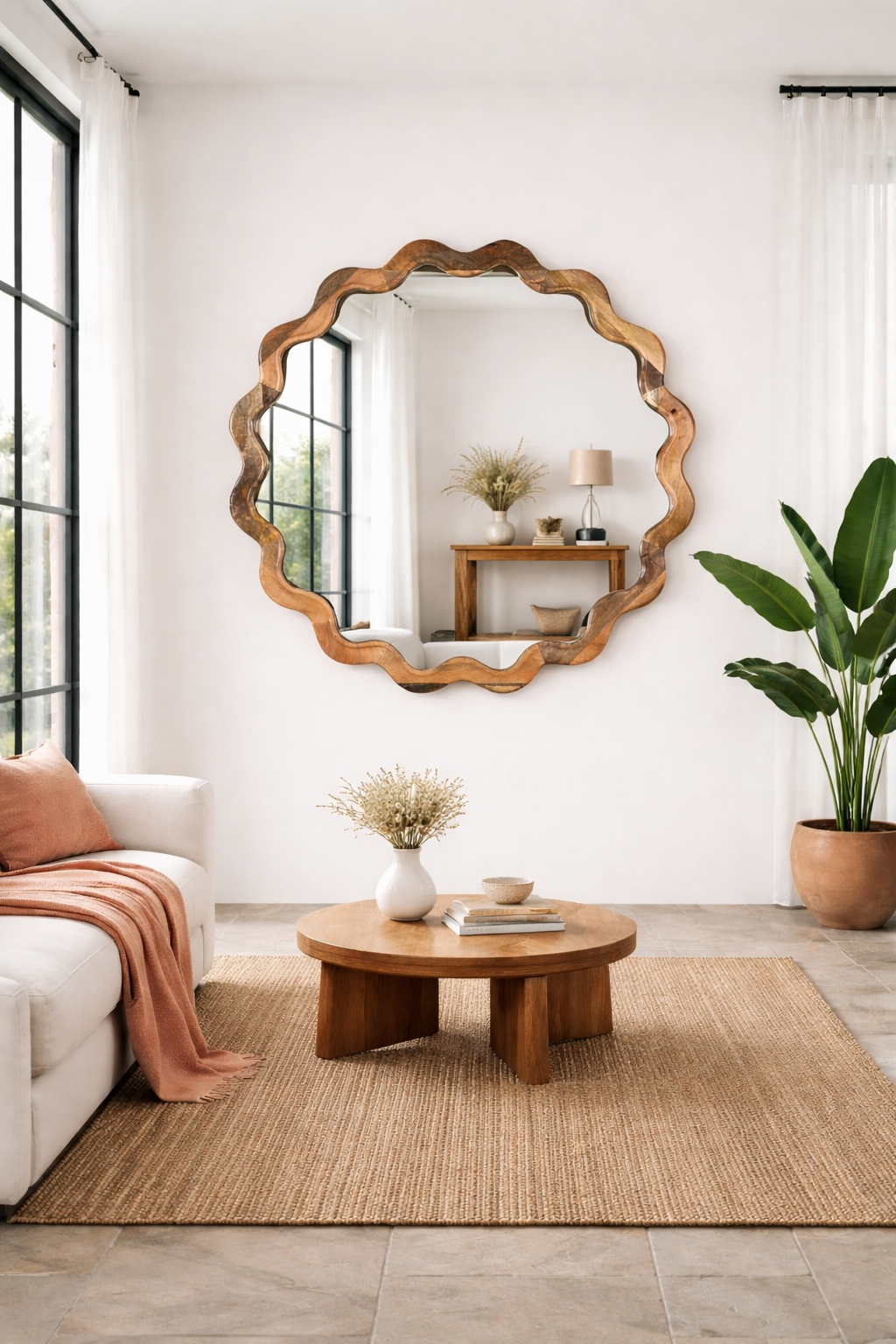 Lifestyle imagination of a wavy round mango wood mirror Khavda with scalloped frame design. A bold wall decoration and artisan-crafted statement piece for bohemian, rustic, or modern interiors.