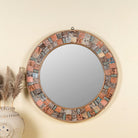 Handcrafted round mango wood mirror with patchwork reclaimed frame and distressed finish; ideal for vintage home decor, 80 × 4 cm.