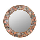 White background image of a handcrafted round mango wood mirror with patchwork reclaimed frame and distressed finish; ideal for vintage home decor, 80 × 4 cm.