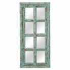 White background image of a tall carved mango wood mirror Khidakee with floral detailing and vintage window frame inspiration. A unique wooden wall decoration and artisanal furniture piece ideal for vintage and boho interiors.