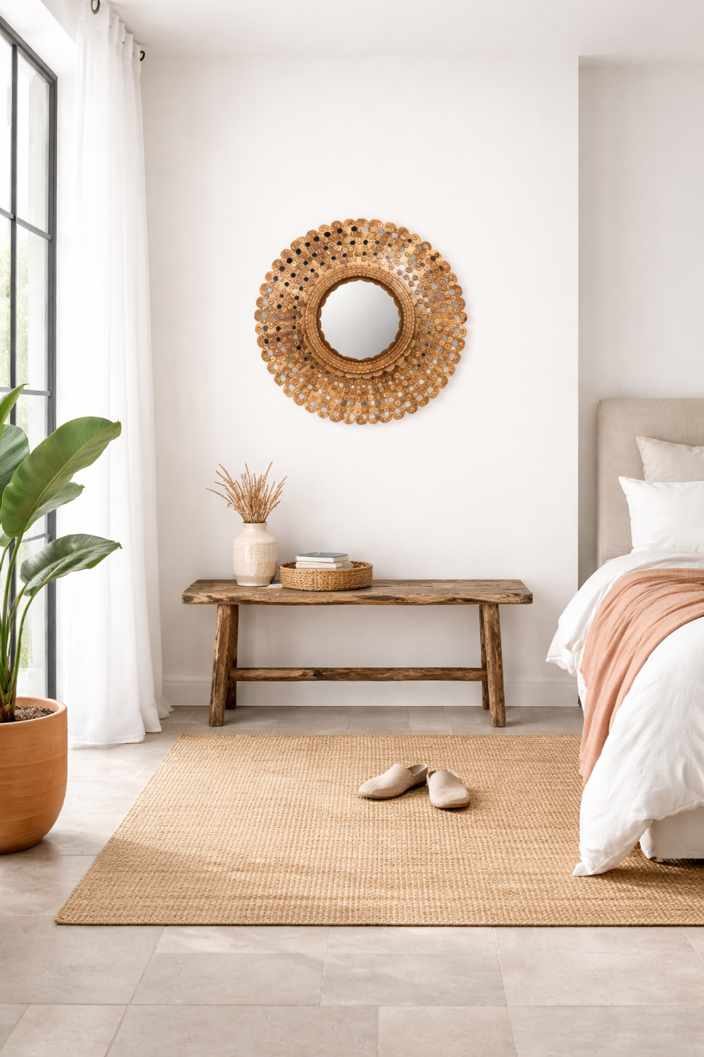 Lifestyle imagination of a round mango wood mirror Kiaan with concentric carved design and mirror inlays. A piece of unique wall decor combining artisanal craftsmanship and rustic bohemian charm.