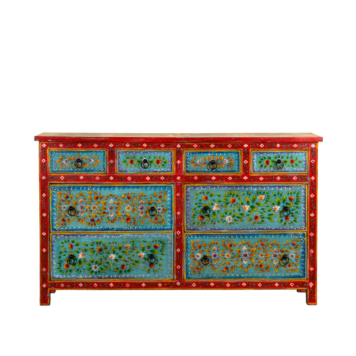 White background image of a Kianraj hand painted reclaimed wood chest of drawers with red frame, blue floral fronts and eight drawers 150cm