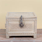 Kiara hand carved reclaimed wood storage box with bleached finish, antique iron lock and side carrying handles, 50x40x33cm.
