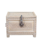 White background image of a Kiara hand carved reclaimed wood storage box with bleached finish, antique iron lock and side carrying handles, 50x40x33cm.