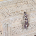 Kiara hand carved reclaimed wood storage box with bleached finish, antique iron lock and side carrying handles, 50x40x33cm.