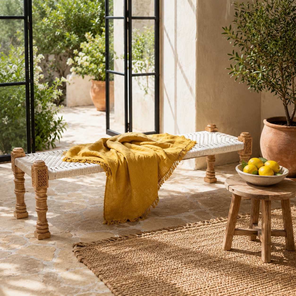 Lifestyle image of a Kolasib wooden bench with handwoven cotton seating and recycled wood frame, 180cm