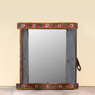 Open wings image of a Krishna antique reclaimed wood mirror with hand-painted Radha and Krishna artwork, authentic Indian vintage mirror frame, 50x50x5cm.