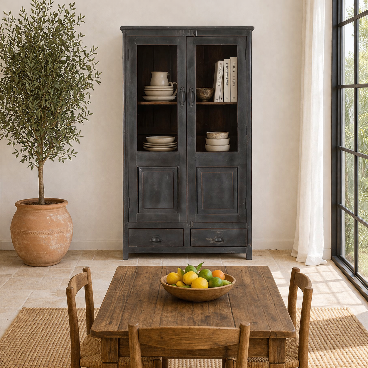 Lifestyle image of a refurbished teak wood cabinet with shabby chic grey finish and glass-panelled doors – sustainable furniture for elegant living and dining spaces.