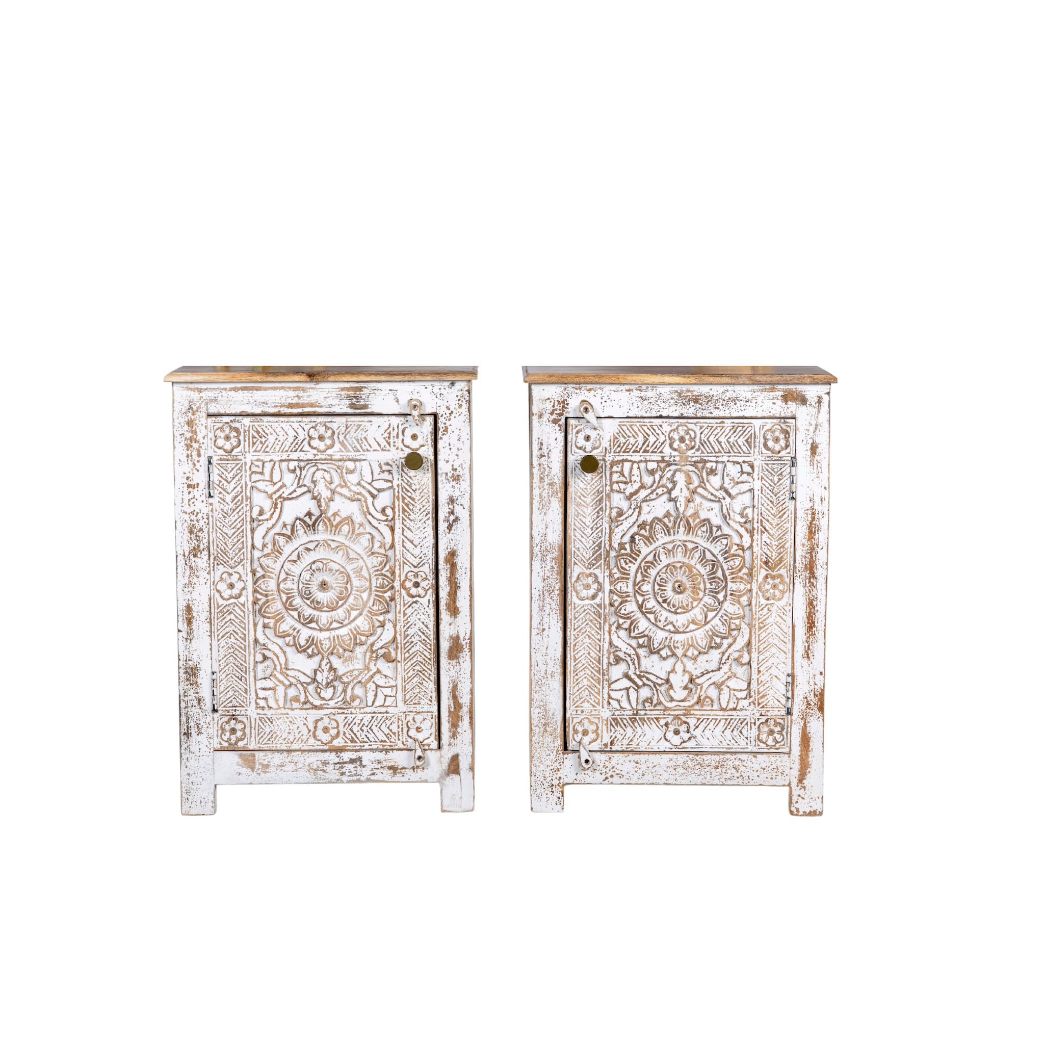 White background image of a set of two hand carved bedside tables with mandala and floral motifs; reclaimed wood in white washed furniture style, 50 × 40 × 72 cm.