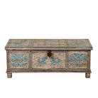 White background image of a hand-painted reclaimed teak wood chest with iron accents – teak wood chest and reclaimed wood furniture with bohemian artistic detail.