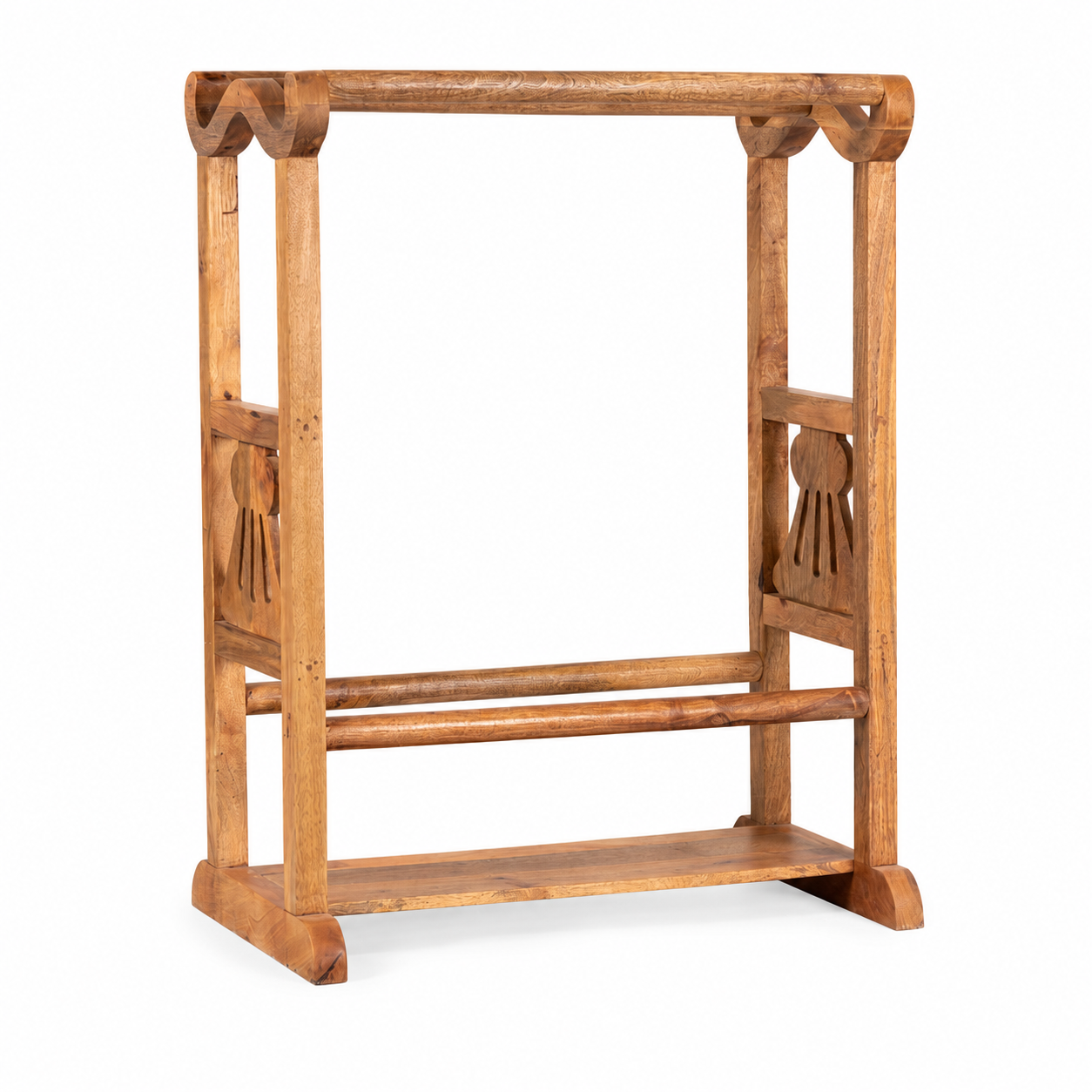 White background image of a Kundara handcrafted reclaimed teak wood towel rack with sculptural wave-shaped design, hand-carved details, natural wood grain, and rustic bathroom styling, 100cm.