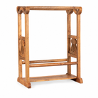 White background image of a Kundara handcrafted reclaimed teak wood towel rack with sculptural wave-shaped design, hand-carved details, natural wood grain, and rustic bathroom styling, 100cm.