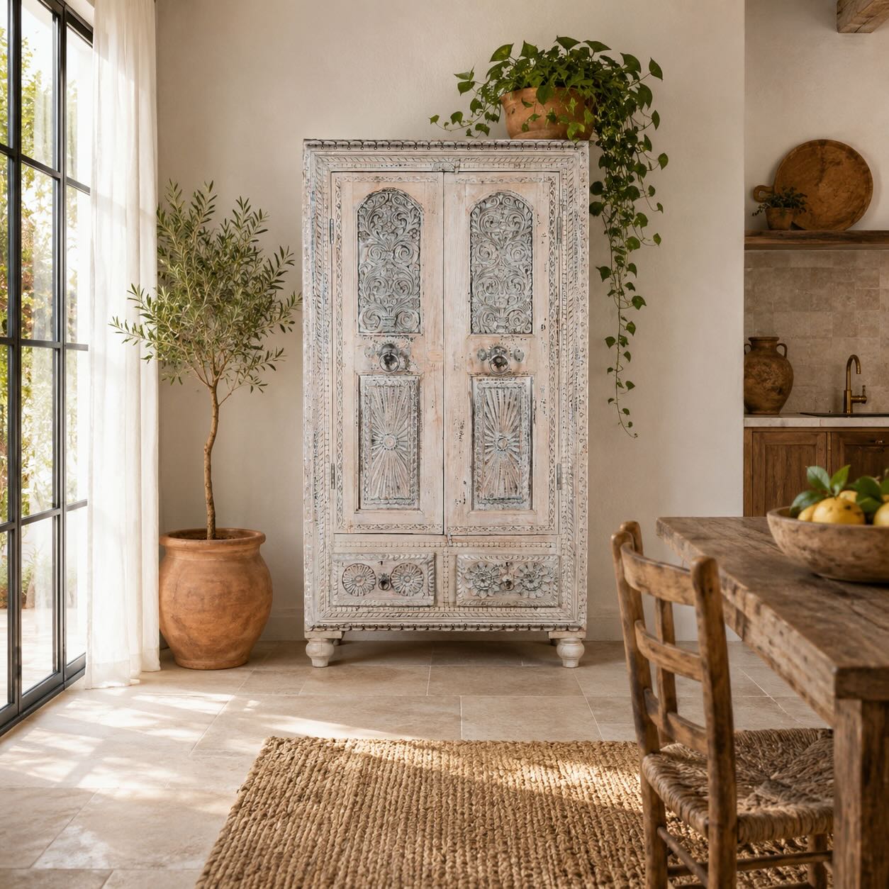 Lifestyle image of a Kyra antique reclaimed teak wood wardrobe with intricate Indian hand carvings, double doors, and vintage distressed finish.