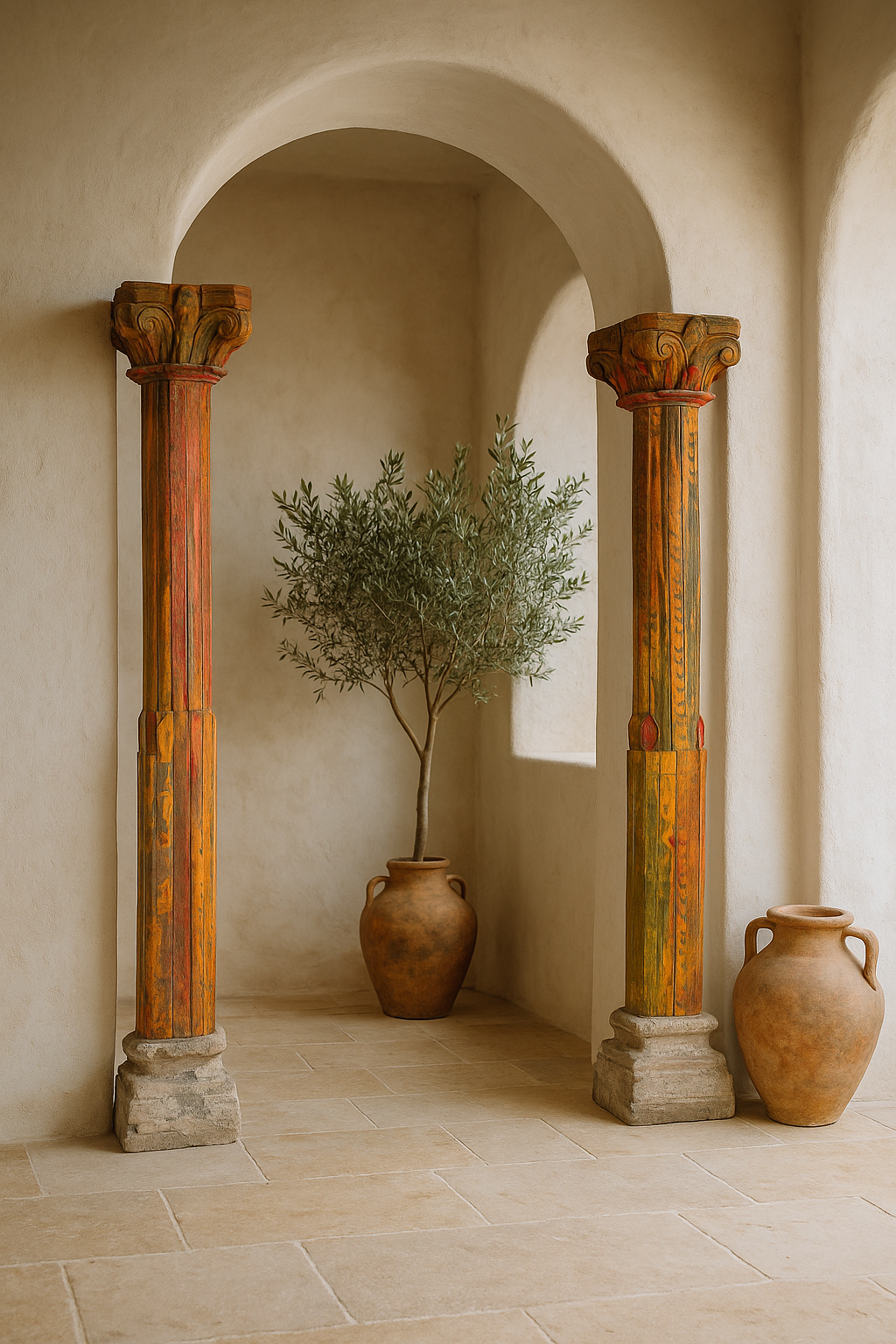 Decorative columns and vases in a room with arched walls