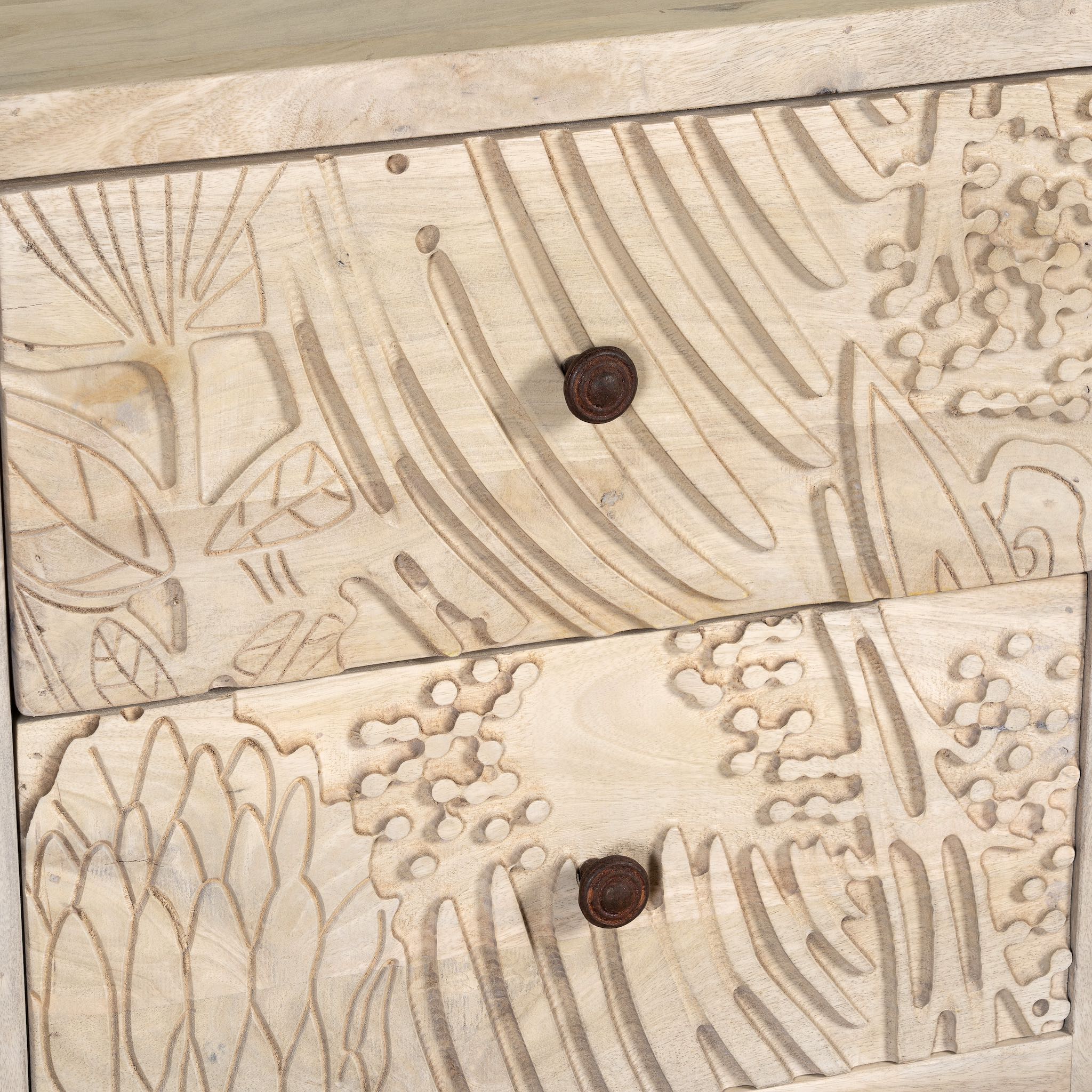 Close up image of a pair of mango wood nightstands with hand-carved sandblasted finish and black iron stand; artisanal bedroom furniture, 51 × 41 × 59 cm.