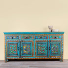 Laksh hand painted reclaimed wood sideboard in boho style with distressed vintage finish and traditional Indian floral artwork.