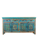 White background image of a Laksh hand painted reclaimed wood sideboard in boho style with distressed vintage finish and traditional Indian floral artwork.