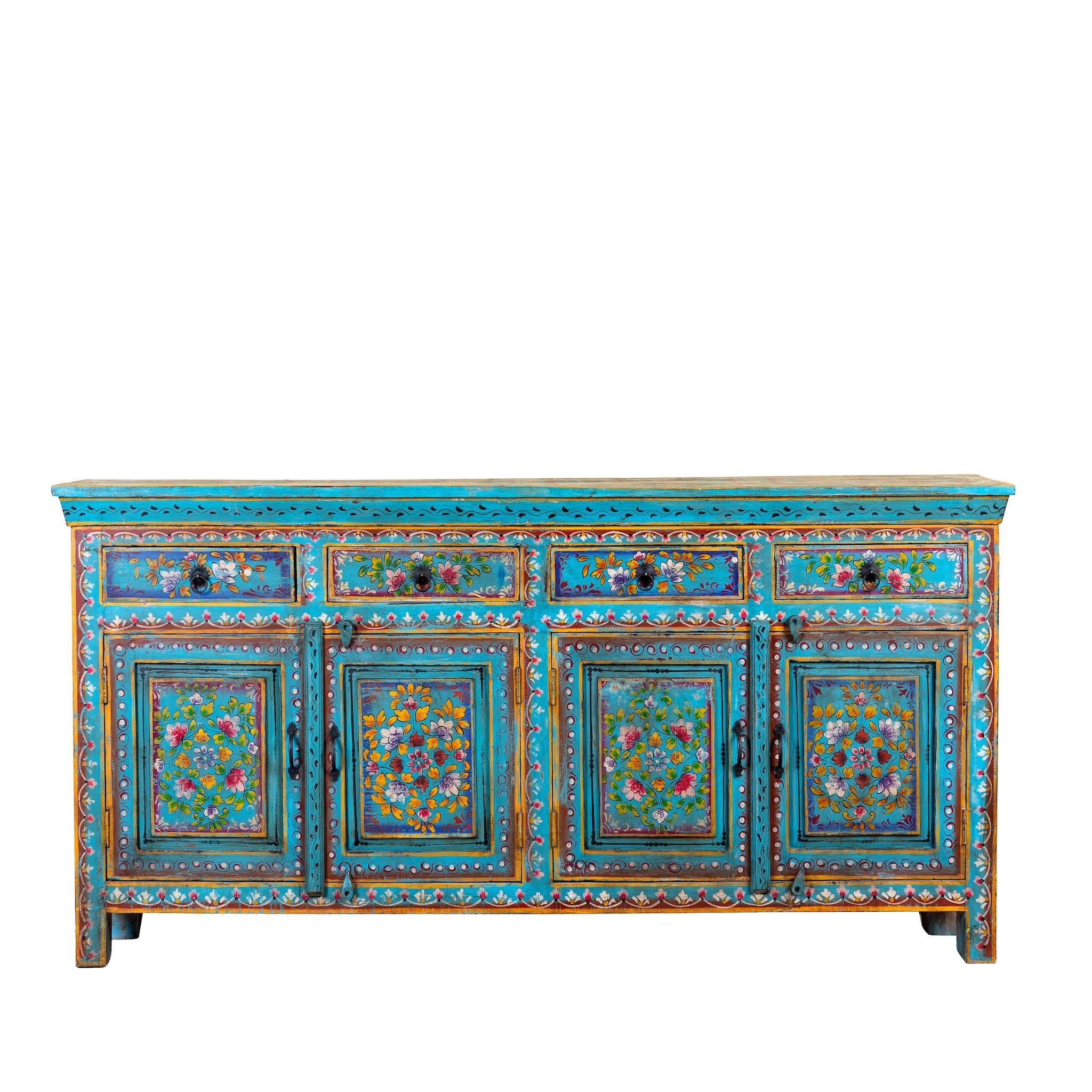 White background image of a Laksh hand painted reclaimed wood sideboard in boho style with distressed vintage finish and traditional Indian floral artwork.