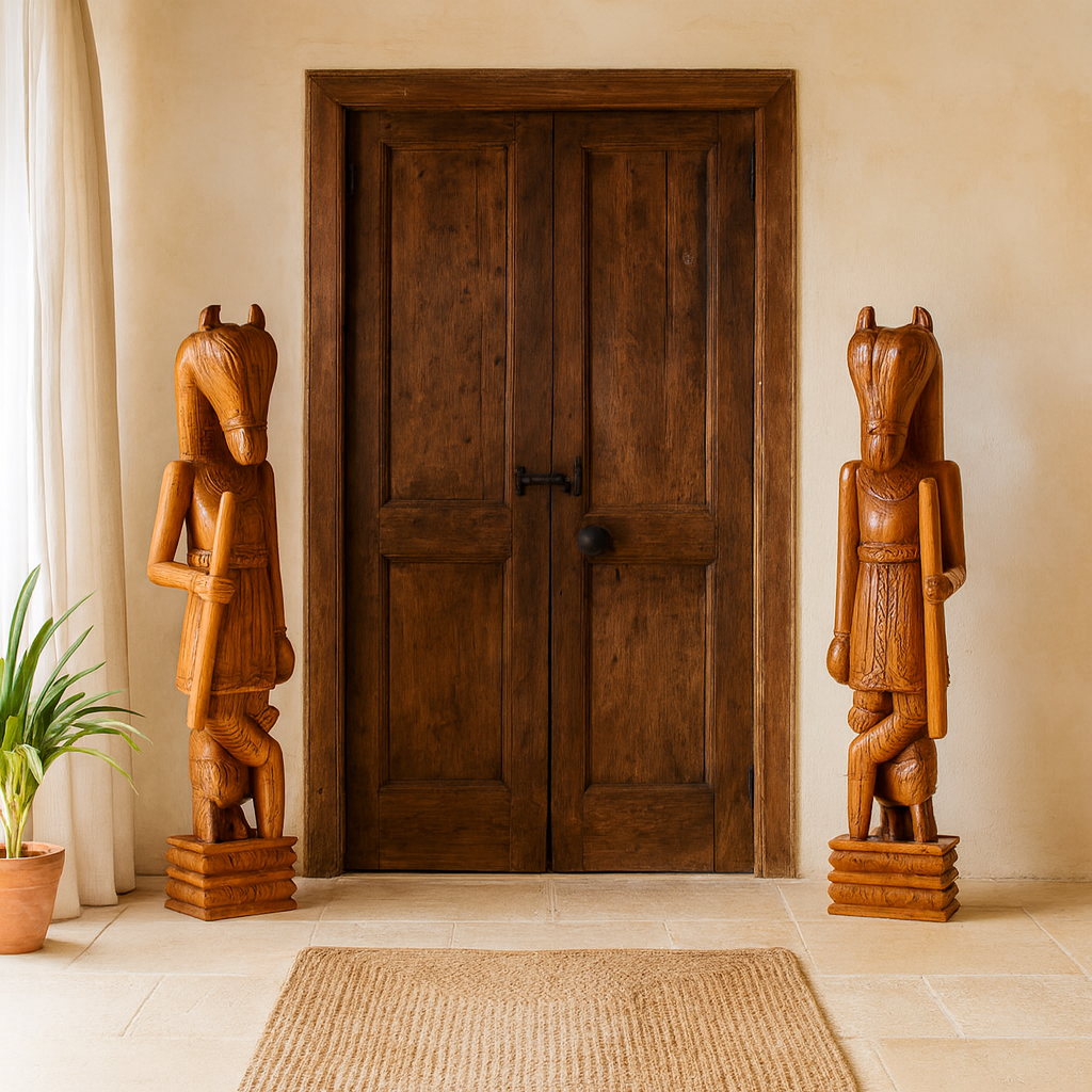 Lifestyle inspiration of a  hand-carved Indian house guardian statue in exotic style, made from reclaimed wood; sustainable furniture, 40 × 20 × 120 cm.