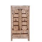 White background image of a Lakshya bleached mango wood cabinet with original hand carved Indian door panels and iron fittings 167cm