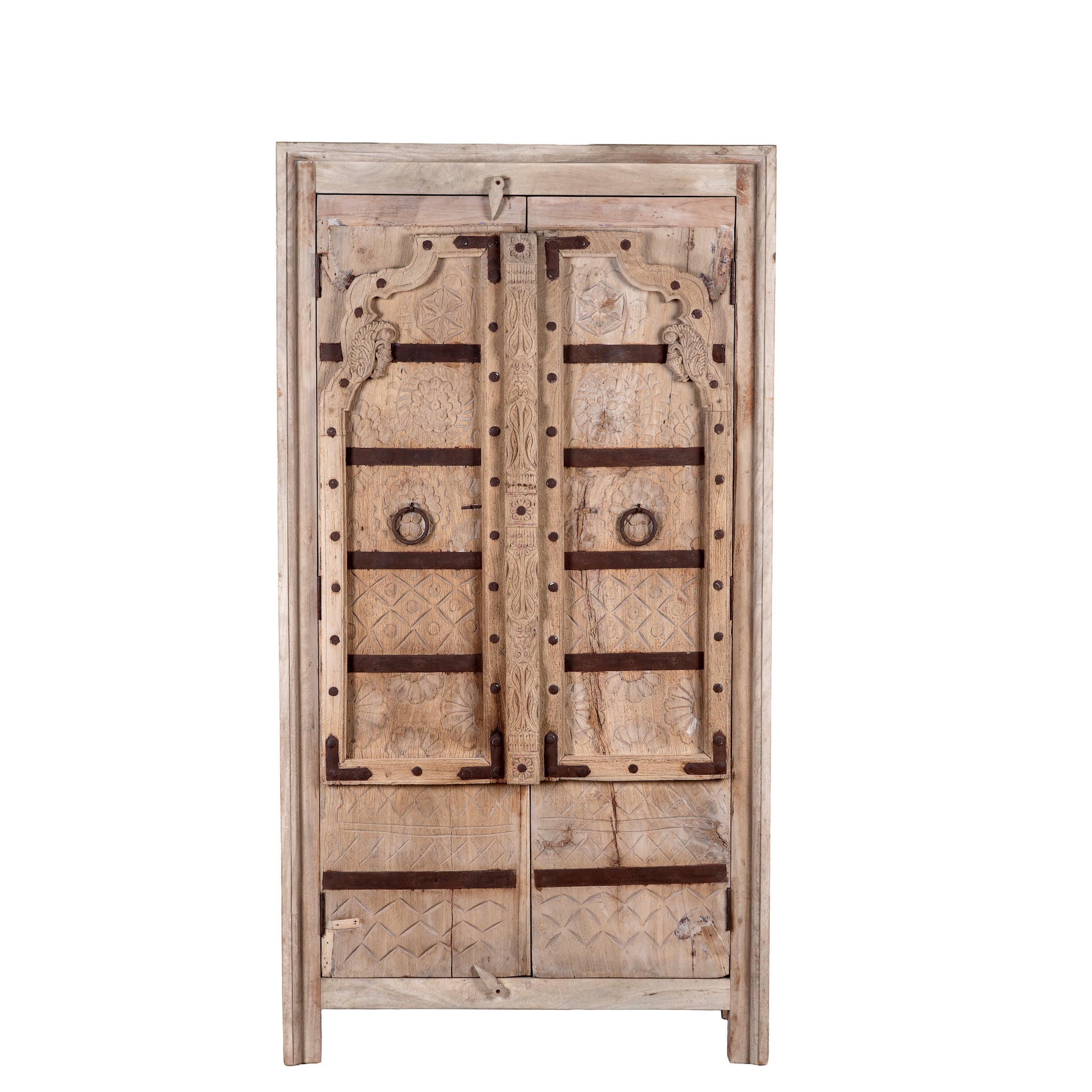 White background image of a Lakshya bleached mango wood cabinet with original hand carved Indian door panels and iron fittings 167cm