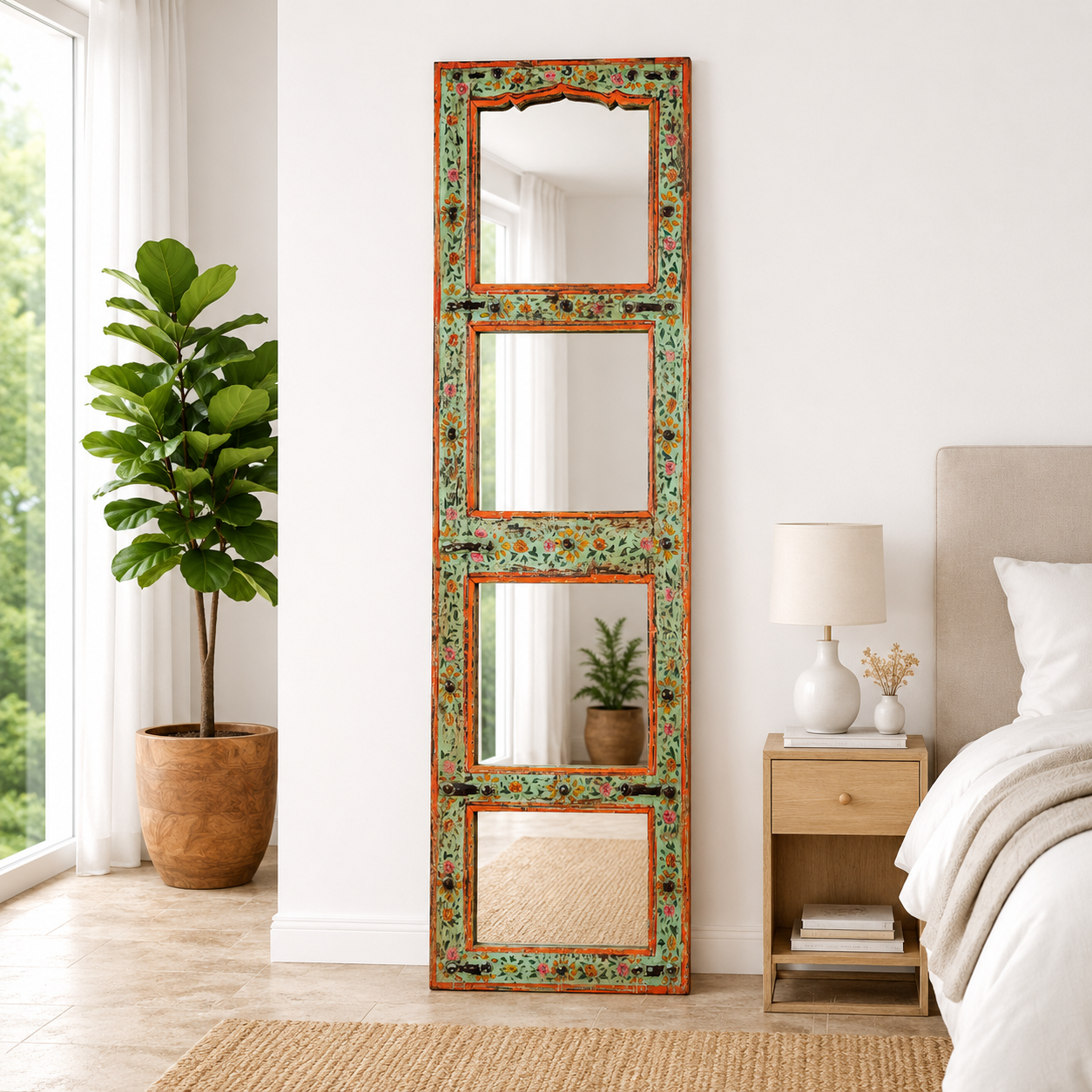 Lifestyle image of a Lalpur hand painted mirror made from a recycled teak wood furniture door, 180x53cm