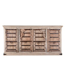 White background picture of a unique old Door sideboard, finely hand carved in bleached teak wood driftwood design.