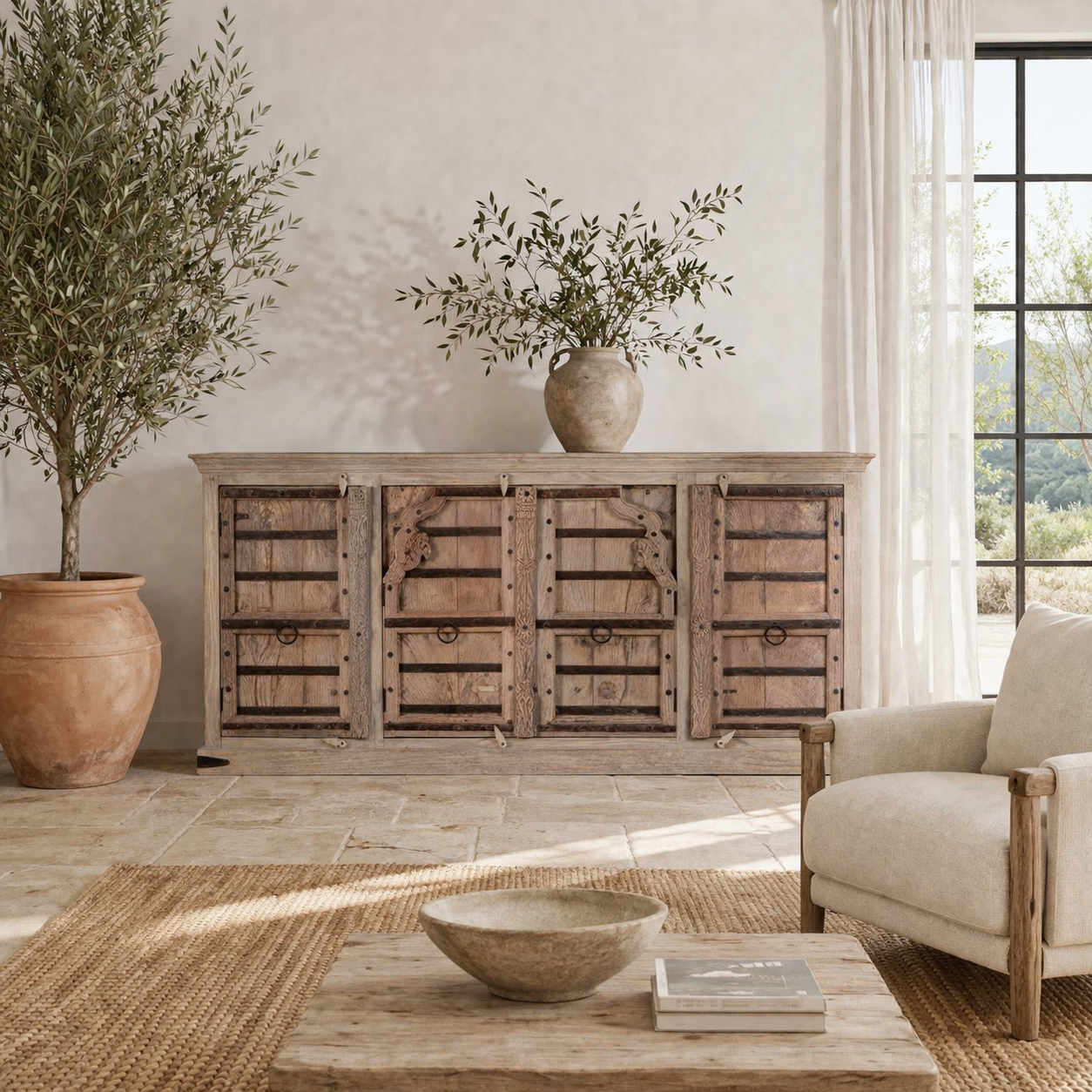 Lifestyle image of a unique old Door sideboard Laya, finely hand carved in bleached teak wood driftwood design.