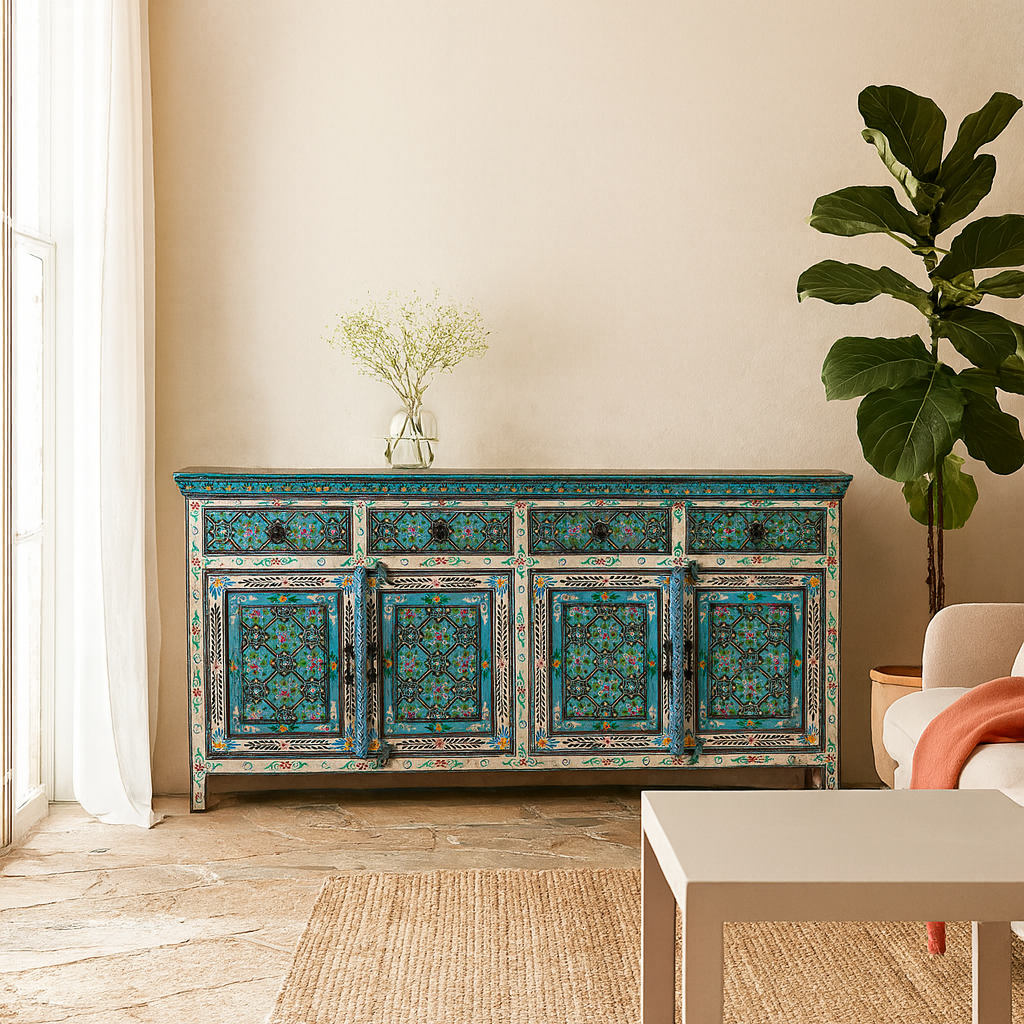 Lifestyle imagination of a hand painted furniture sideboard made from reclaimed teak wood with floral motifs, artisanal furniture in bohemian Mediterranean style, 180 × 40 × 90 cm.