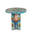 Leo hand painted solid wood elephant side table with traditional Indian artwork, available in yellow, red, and turquoise boho style designs.