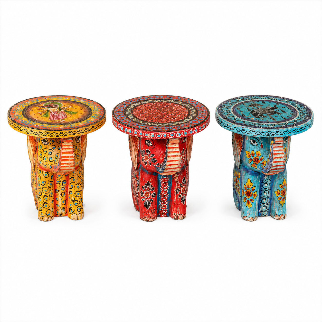 White background image of a Leo hand painted solid wood elephant side table with traditional Indian artwork, available in yellow, red, and turquoise boho style designs.