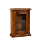 White background image of a Leo small rustic bathroom wall cabinet made of reclaimed teak wood with glass door and shelves; bathroom furniture in vintage style, 40 × 15 × 63 cm.