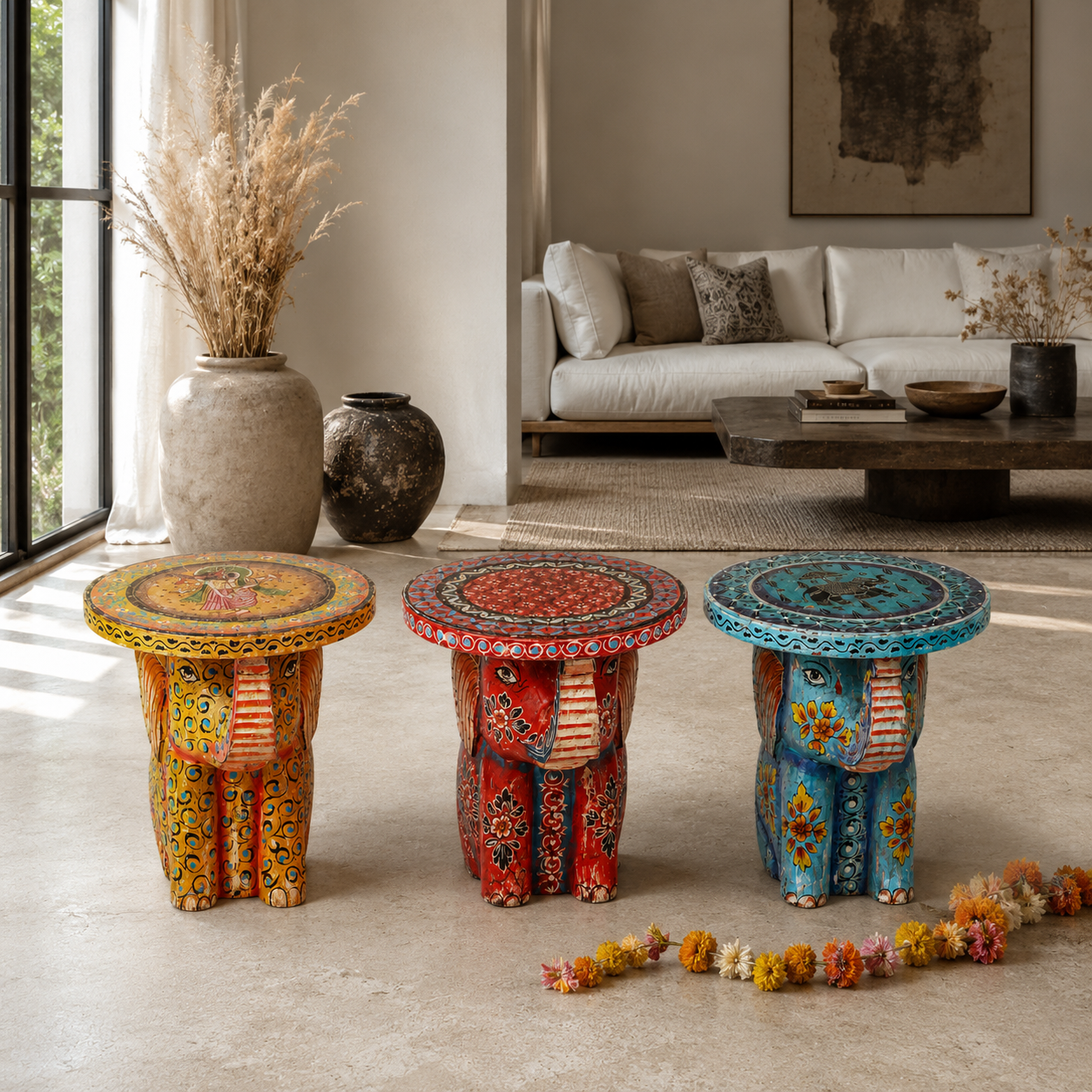 Lifestyle image of a Leo hand painted solid wood elephant side table with traditional Indian artwork, available in yellow, red, and turquoise boho style designs.