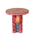 Leo hand painted solid wood elephant side table with traditional Indian artwork, available in yellow, red, and turquoise boho style designs.