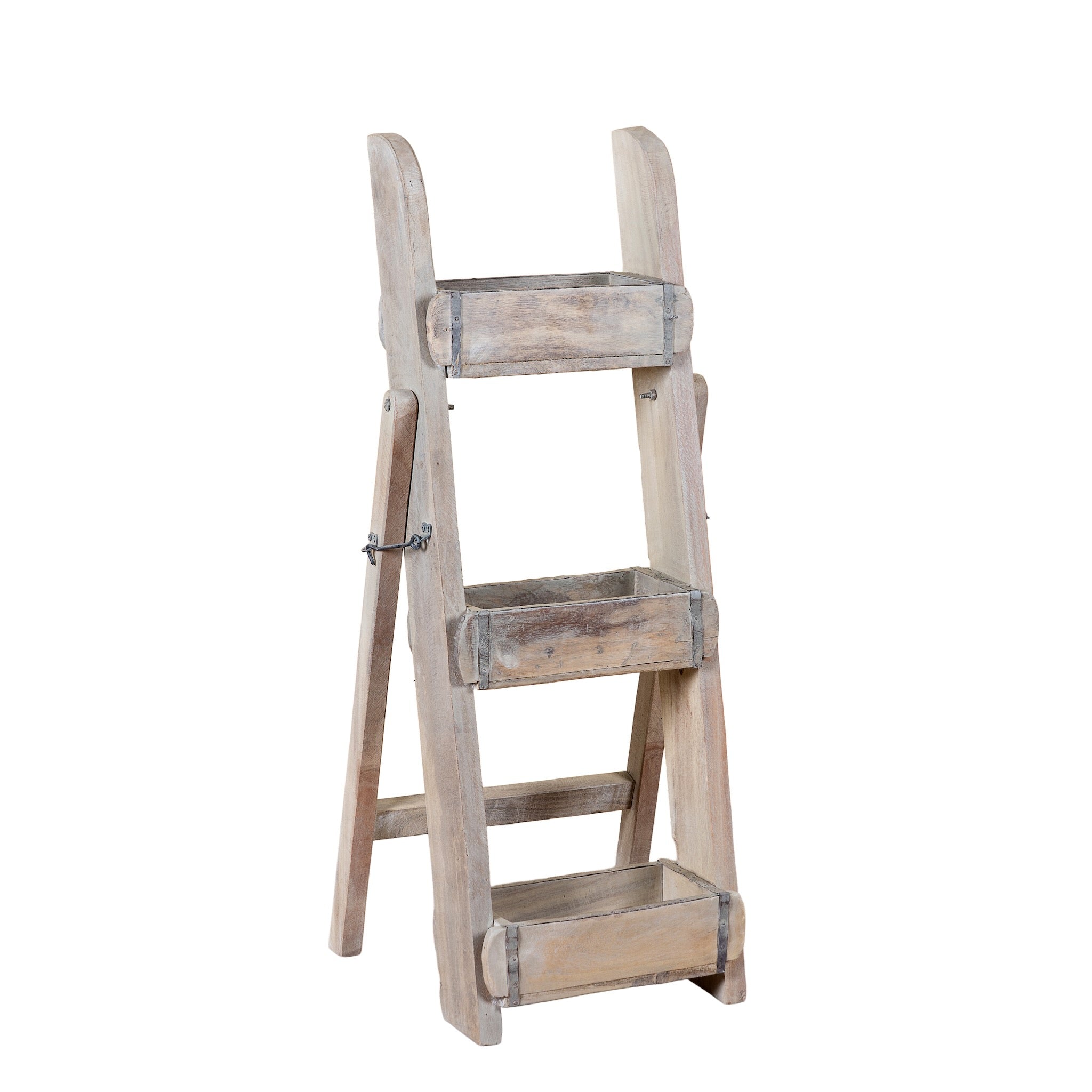White background image of a Liam reclaimed wood ladder shelf crafted from original Indian brick moulds with three storage compartments, 97cm