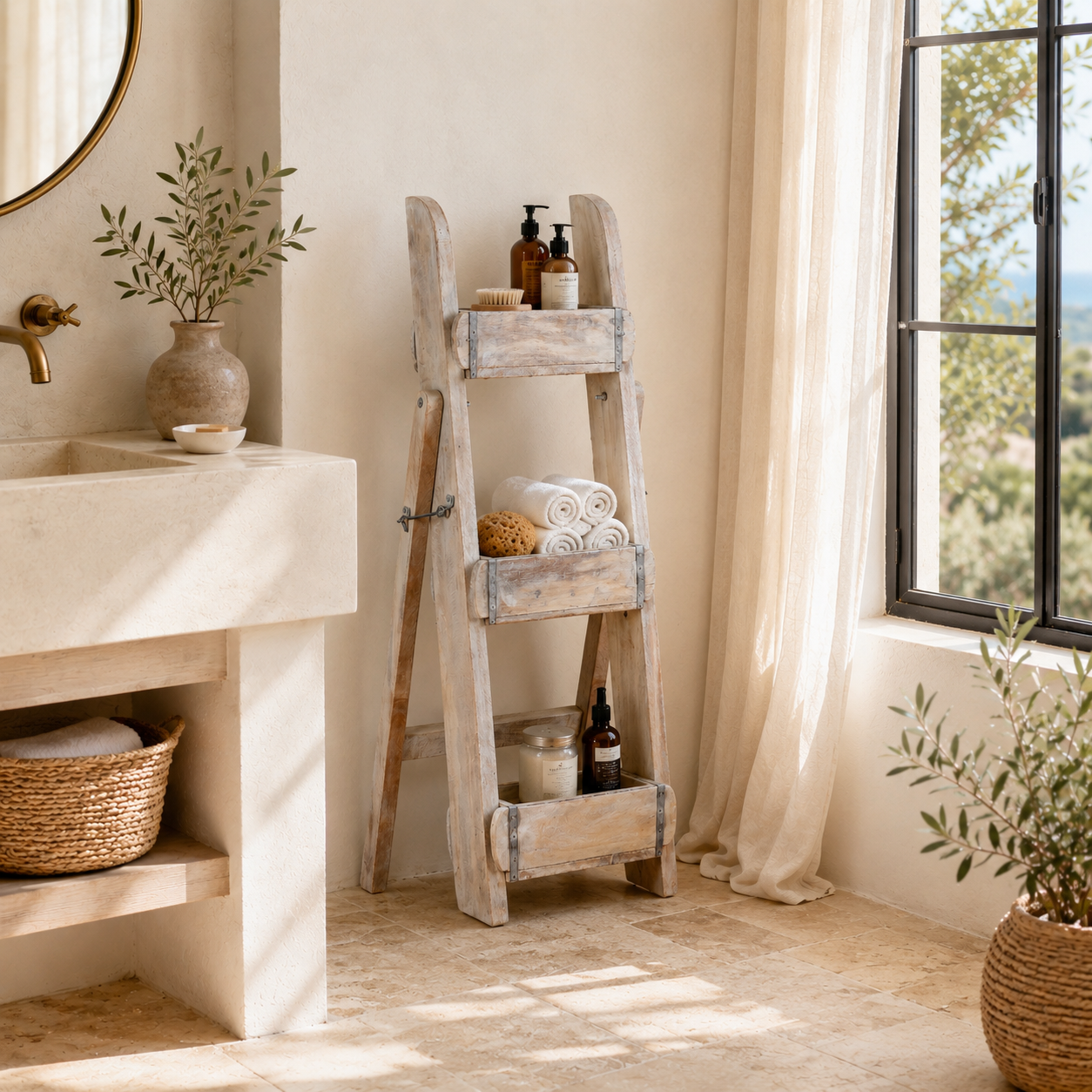 Lifestyle image of a Liam reclaimed wood ladder shelf crafted from original Indian brick moulds with three storage compartments, 97cm