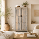 Lifestyle inspiration of a reclaimed wood wardrobe with panelled double doors and rustic finish; bathroom furniture with ample storage, 100 × 45 × 190 cm.