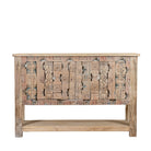 White background image of a reclaimed teak console table with hand-carved antique elements and rustic finish, 140 × 38 × 93 cm.