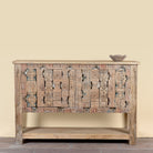 Reclaimed teak console table with hand-carved antique elements and rustic finish, 140 × 38 × 93 cm.