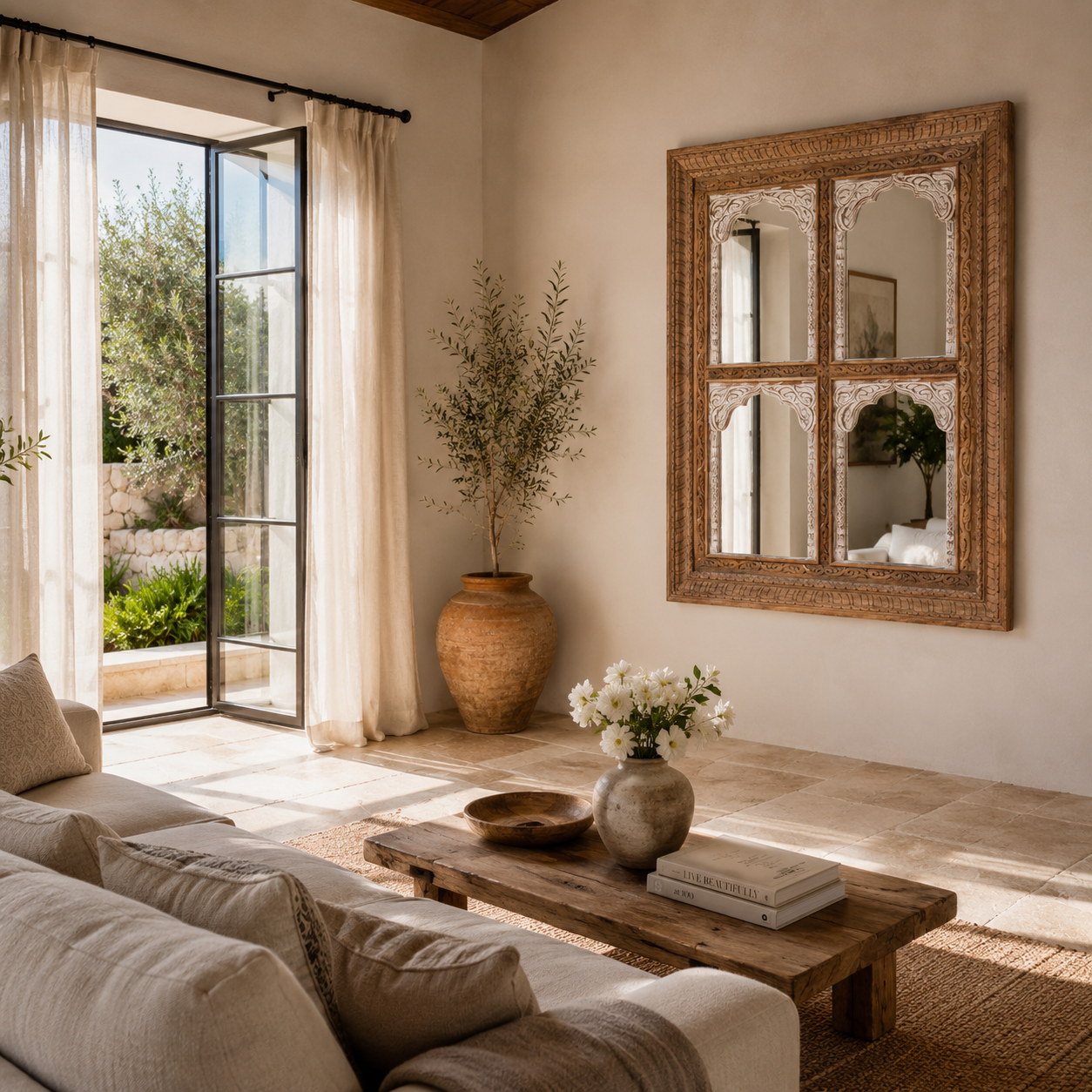 Lifestyle image of a hand-carved custom mirror Limbdi made from solid mango wood with floral motifs. A statement wooden wall decoration blending artisanal design with natural charm.