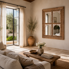 Lifestyle image of a hand-carved custom mirror Limbdi made from solid mango wood with floral motifs. A statement wooden wall decoration blending artisanal design with natural charm.