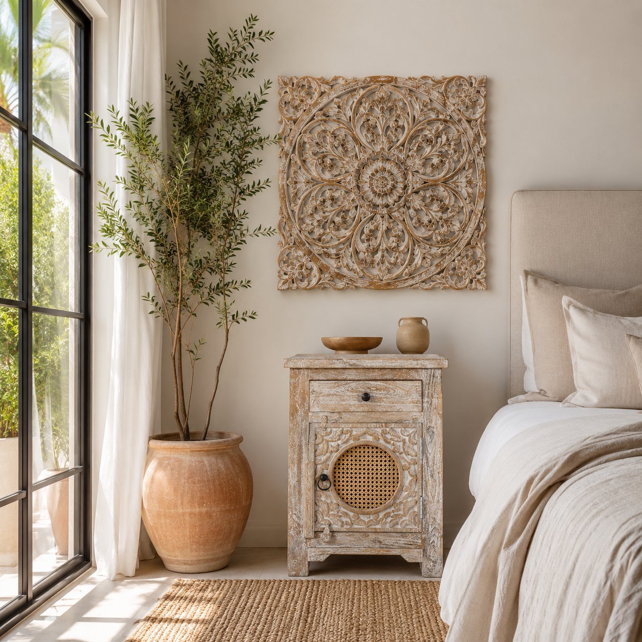 Lifestyle image of a Lina carved wooden wall panel made from solid mango wood, featuring detailed hand-carved floral patterns—an elegant wooden wall decoration with artisanal charm.