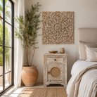 Lifestyle image of a Lina carved wooden wall panel made from solid mango wood, featuring detailed hand-carved floral patterns—an elegant wooden wall decoration with artisanal charm.