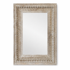 White background image of a vintage wall mirror with hand carved wooden mango wood frame; large rectangular mirror, 100 × 130 cm.