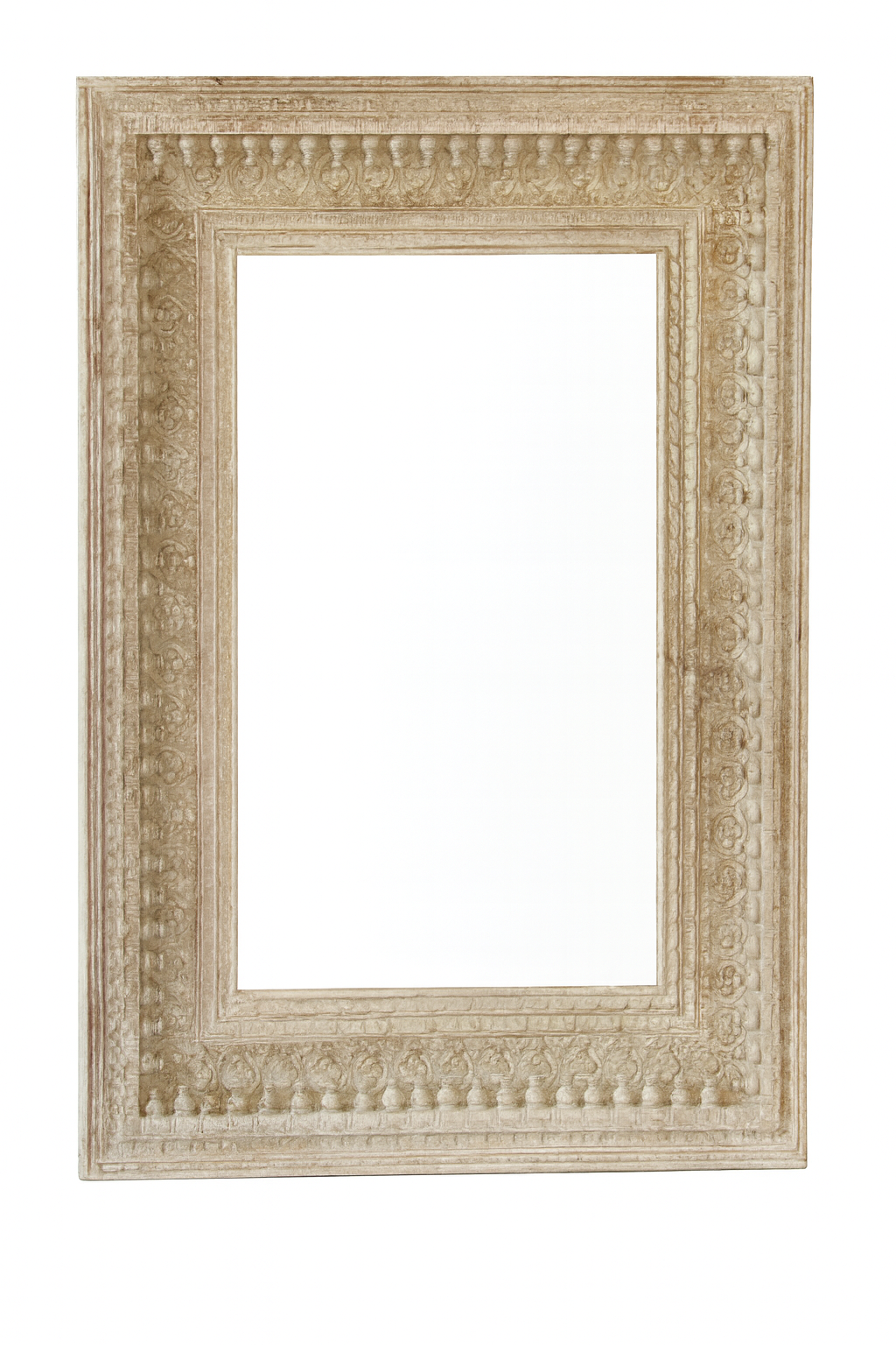 White background image of a vintage wall mirror with hand carved wooden mango wood frame; large rectangular mirror, 100 × 130 cm.