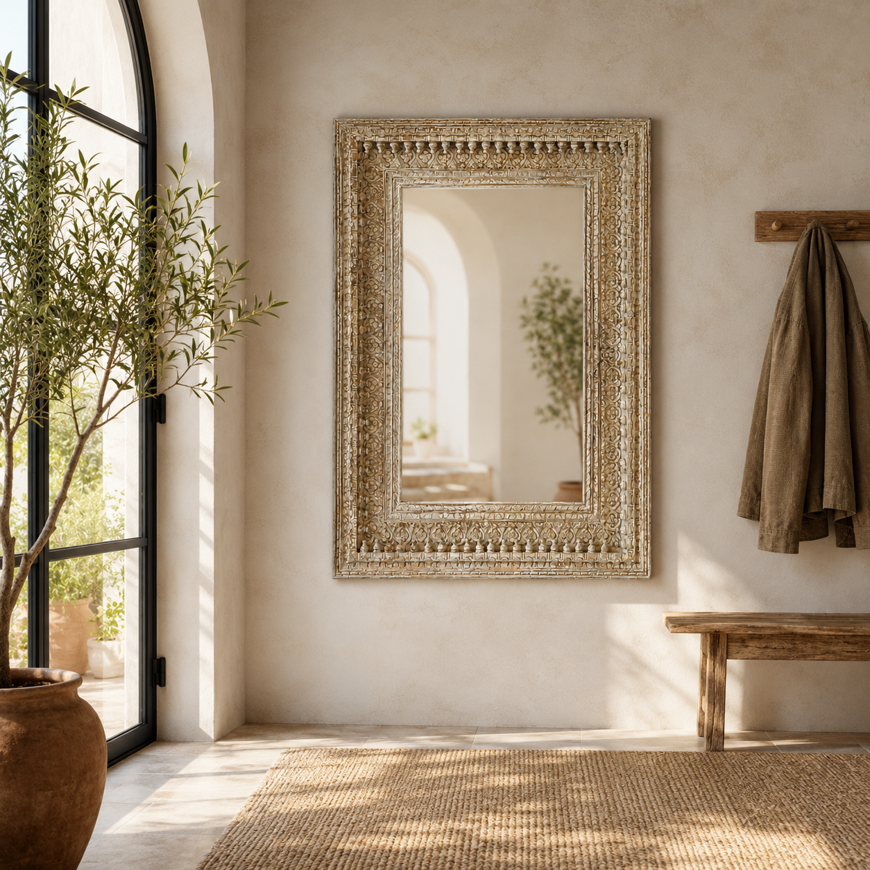 Lifestyle imagination of a vintage wall mirror with hand carved wooden mango wood frame; large rectangular mirror, 100 × 130 cm.